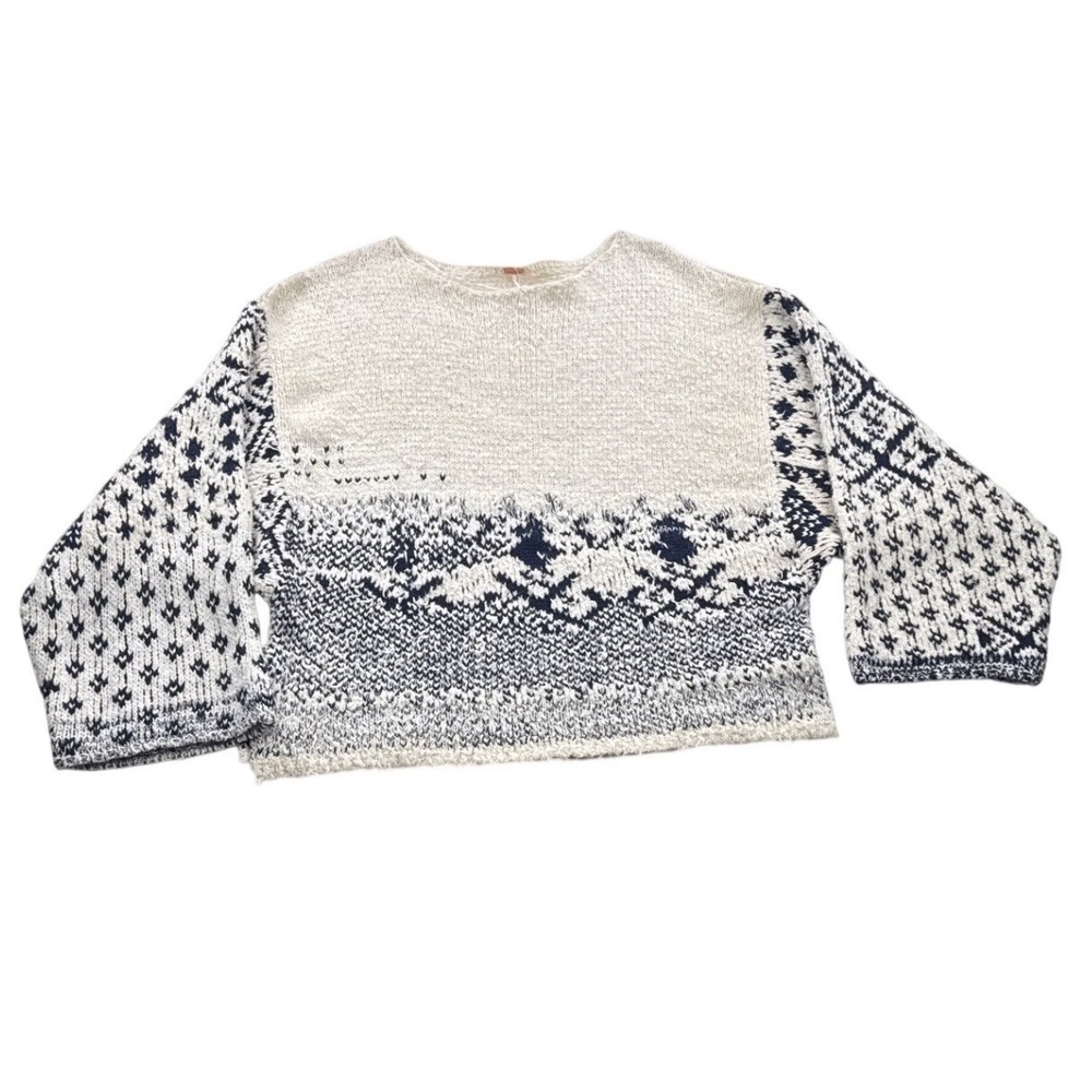 Free People Sweater Womens XL Ivory Blue New Oversized Cropped Intarsia Knit